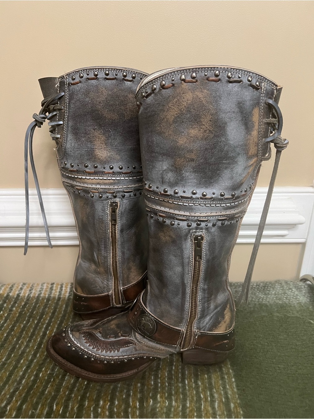 Freebird by Steven Gynger Ice Gray and Brown Studded Leather Heeled Boots - Picture 3 of 5